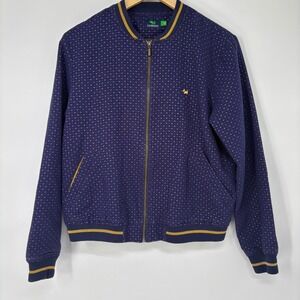 Ferrioni Womens Gold Polka Dot Bomber Jacket Size M Navy Blue Metallic Whimsical